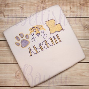 Louisiana Tiger Sketch Stitch Personalized Bodysuit or T-shirt for Girls or Boys Baby Toddler Infant