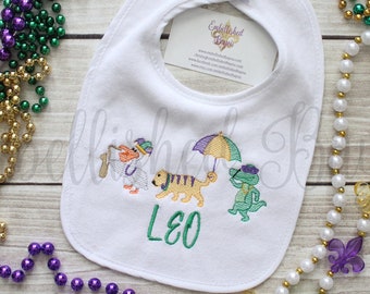 Personalized Mardi Gras Animal Parade Bib for Baby or Toddler