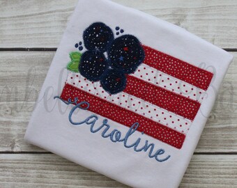 Patriotic USA Flag with Flowers Applique Ruffle T-shirt Tank Top or bodysuit Personalized with Name for Girls