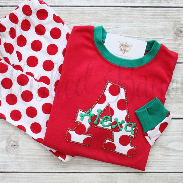 Personalized Appliqued Christmas Pajamas, Red & White Polka Dot, Unisex for Boys or Girls