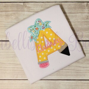 Back To School T-shirt Applique Pencil Initial with Name Personalized for Girls, Pencil with Bow