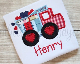 Valentine's Day Dump Truck with Hearts Appliqued T-shirt for Boys Personalized with Name