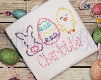 Bunny, Egg and Chick Sketch Stitch Personalized T-shirt or Bodysuit for Boys or Girls Easter Shirt Baby Infant Toddler