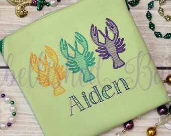 Sketch Stitch Mardi Gras Crawfish in Purple, Green, Gold Personalized Bodysuit for Boys