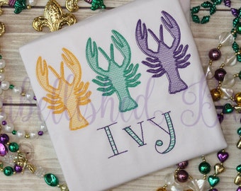Sketch Stitch Mardi Gras Crawfish in Purple, Green, Gold Personalized Bodysuit or T-shirt for Girls or Boys