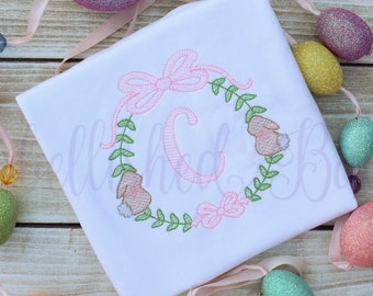 Easter Bunny Wreath with Bow and Initial Sketch Stitch Personalized T-shirt or Bodysuit for Girls Easter Shirt Baby Infant Toddler