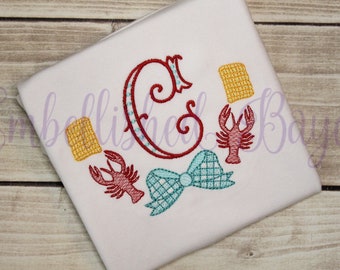 Crawfish Boil Embroidered T-shirt or bodysuit for Girls Personalized with Initial or Monogram