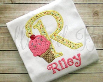 Ice Cream Cone with Initial and Name Appliqued Ruffle T-shirt for Girls