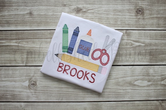 Back To School T-shirt with Name Sketch Design Crayon Glue Scissors Pencil Tank Top for Girls or Boys Personalized with Name