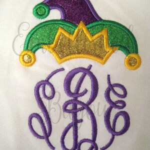 Mardi Gras Purple Green and Gold Stripe Raglan T-shirt with Monogram and Jester Hat Applique for Girls image 3