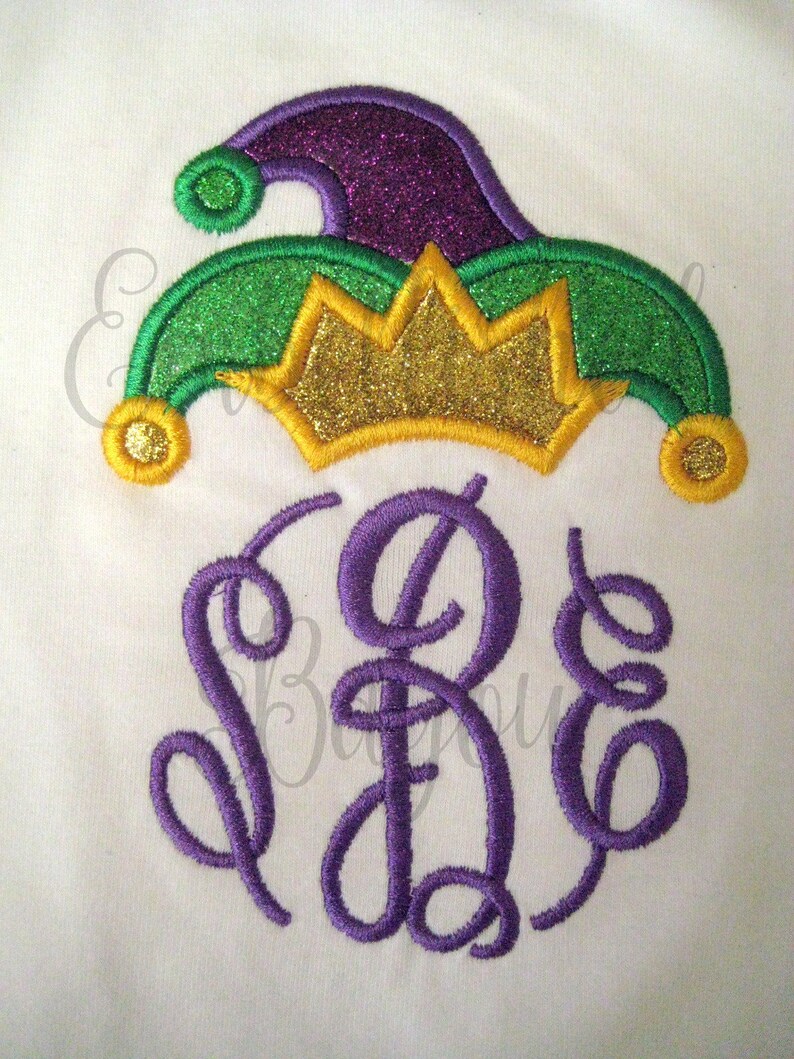 Mardi Gras Purple Green and Gold Stripe Raglan T-shirt with Monogram and Jester Hat Applique for Girls image 3