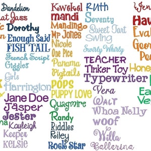 K&ouml;nnte beinhalten: Ein farbenfrohes Diagramm mit einer Liste von Namen, darunter "Alex", "Dandelion", "All That Jazz", "Athletic", "Dorothy", "Autumn", "Enough Said", "Basic", "FISH TAIL", "Beanie", "French Script", "Bella", "Giggles", "Bingham", "Girls", "BLOCK", "Harrington", "Bobby", "Jane Doe", "Burst", "Jasper", "Candi", "Jester", "Christina", "Kayleigh", "Cupid", "Keepen", "Curlz", "KELSie", "Kowekel", "Ruth", "mandi", "Seventy", "Mandingo", "Sweet Tart", "Mr Jones", "Swing", "Nicole", "One Pice", "Swirly Whirly", "TEACHER", "Pigtails", "POPS", "Tinker Toy", "Typewriter", "PUPPY LOVE", "Vera", "Quagmire", "WALT", "Randy", "Whoa Nelly", "Riddles", "Riley", "woof", "Rock Star", "Willa", "Ballerina", "Jennifer", "Hawaiian", "Evaline", "Georgia", "Peach", "Honeysuckle", "Ellie", "Eat Your", "Veggies".