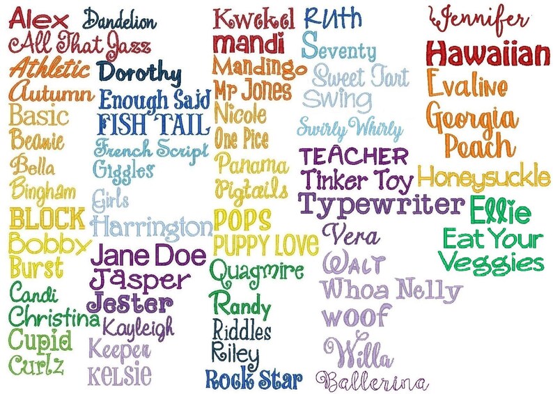 K&ouml;nnte beinhalten: Ein farbenfrohes Diagramm mit einer Liste von Namen, darunter "Alex", "Dandelion", "All That Jazz", "Athletic", "Dorothy", "Autumn", "Enough Said", "Basic", "FISH TAIL", "Beanie", "French Script", "Bella", "Giggles", "Bingham", "Girls", "BLOCK", "Harrington", "Bobby", "Jane Doe", "Burst", "Jasper", "Candi", "Jester", "Christina", "Kayleigh", "Cupid", "Keepen", "Curlz", "KELSie", "Kowekel", "Ruth", "mandi", "Seventy", "Mandingo", "Sweet Tart", "Mr Jones", "Swing", "Nicole", "One Pice", "Swirly Whirly", "TEACHER", "Pigtails", "POPS", "Tinker Toy", "Typewriter", "PUPPY LOVE", "Vera", "Quagmire", "WALT", "Randy", "Whoa Nelly", "Riddles", "Riley", "woof", "Rock Star", "Willa", "Ballerina", "Jennifer", "Hawaiian", "Evaline", "Georgia", "Peach", "Honeysuckle", "Ellie", "Eat Your", "Veggies".