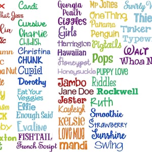 Puede incluir: Un gr&aacute;fico colorido con una lista de nombres, incluyendo "Alex", "Candi", "Georgia", "Mr Jones", "Swirly Whirly", "Amelia", "Charlie", "Girls", "Penguin", "Tinker Toy", "Athletic", "Childish", "Harrington", "Pigtails", "Typewriter", "Autumn", "Christina", "Hawaiian", "Pops", "Whoa Nelly", "Banana Nut", "Cupid", "Honeypot", "Puppy Love", "Beanie", "Dorothy", "Jambo", "Riddles", "Betty", "Eat Your Veggies", "Jane Doe", "Rockwell", "Bingham", "Ellie", "Jester", "Ruth", "BLOCK", "Enough Said", "Kayleigh", "Smoothie", "Bobby", "Evaline", "Kelsie", "Strawberry", "Braxton", "FISHTAIL", "LOVE MUG", "Sunshine", "Burst", "French Script", "mandi", "Swing".