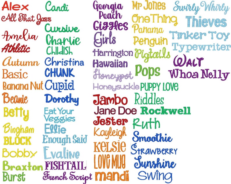 Puede incluir: Un gr&aacute;fico colorido con una lista de nombres, incluyendo "Alex", "Candi", "Georgia", "Mr Jones", "Swirly Whirly", "Amelia", "Charlie", "Girls", "Penguin", "Tinker Toy", "Athletic", "Childish", "Harrington", "Pigtails", "Typewriter", "Autumn", "Christina", "Hawaiian", "Pops", "Whoa Nelly", "Banana Nut", "Cupid", "Honeypot", "Puppy Love", "Beanie", "Dorothy", "Jambo", "Riddles", "Betty", "Eat Your Veggies", "Jane Doe", "Rockwell", "Bingham", "Ellie", "Jester", "Ruth", "BLOCK", "Enough Said", "Kayleigh", "Smoothie", "Bobby", "Evaline", "Kelsie", "Strawberry", "Braxton", "FISHTAIL", "LOVE MUG", "Sunshine", "Burst", "French Script", "mandi", "Swing".