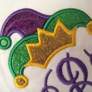 Mardi Gras Purple Green and Gold Stripe Raglan T-shirt with Monogram and Jester Hat Applique for Girls image 4