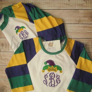 Mardi Gras Purple Green and Gold Stripe Raglan T-shirt with Monogram and Jester Hat Applique for Girls image 6