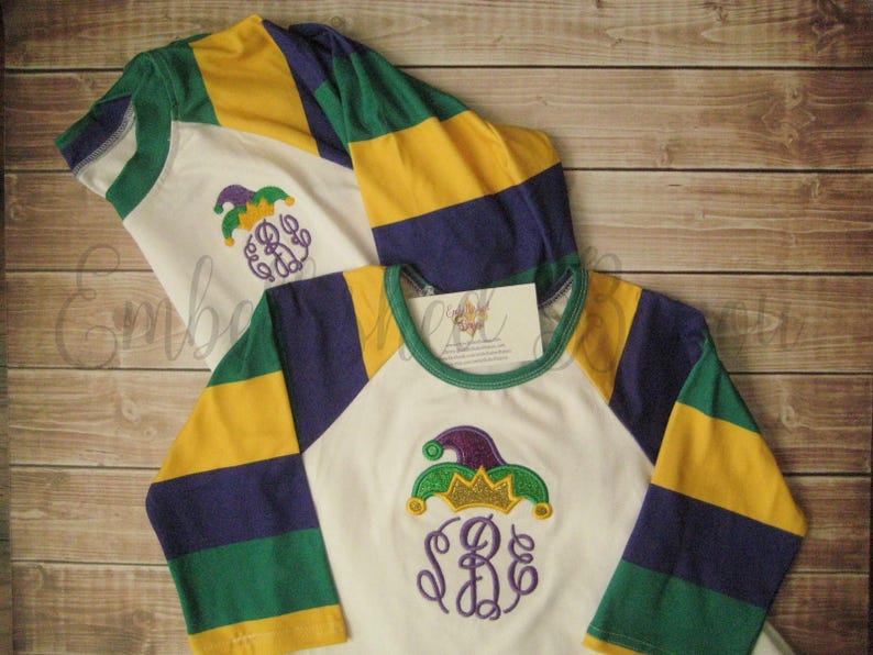 Mardi Gras Purple Green and Gold Stripe Raglan T-shirt with Monogram and Jester Hat Applique for Girls image 6