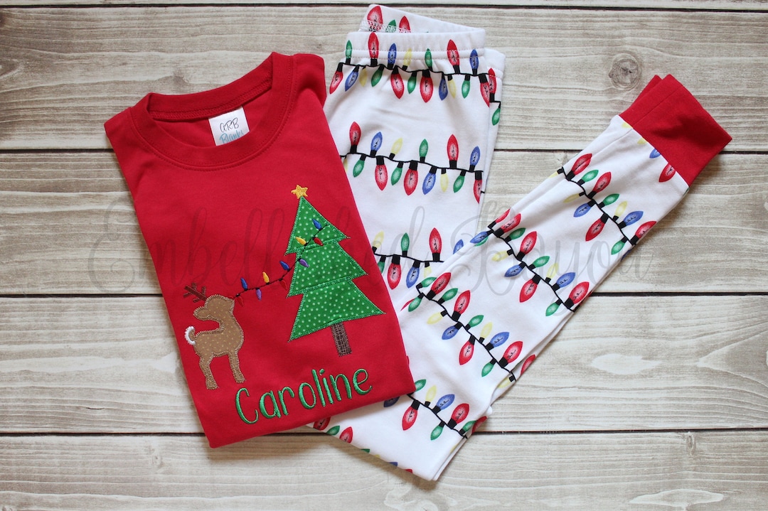 Personalized Appliqued Christmas Pajamas, Christmas Light Bulb Strands