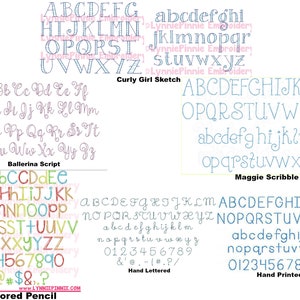 K&ouml;nnte beinhalten: Eine bunte Tabelle mit verschiedenen Schriftarten und Stilen f&uuml;r das Alphabet, Zahlen und Satzzeichen. Die Schriftarten sind mit Namen wie "Ballerina Script", "Curly Girl Sketch", "Maggie Scribble", "Colored Pencil", "Hand Lettered" und "Hand Printed" gekennzeichnet.