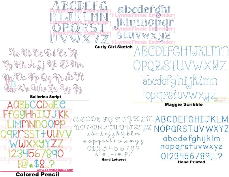 K&ouml;nnte beinhalten: Eine bunte Tabelle mit verschiedenen Schriftarten und Stilen f&uuml;r das Alphabet, Zahlen und Satzzeichen. Die Schriftarten sind mit Namen wie "Ballerina Script", "Curly Girl Sketch", "Maggie Scribble", "Colored Pencil", "Hand Lettered" und "Hand Printed" gekennzeichnet.