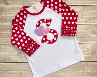 Appliqued Valentine Initial with Hearts Ruffle Raglan T-shirt  for Girls, Red with White Hearts
