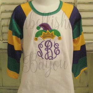 Mardi Gras Purple Green and Gold Stripe Raglan T-shirt with Monogram and Jester Hat Applique for Girls image 2