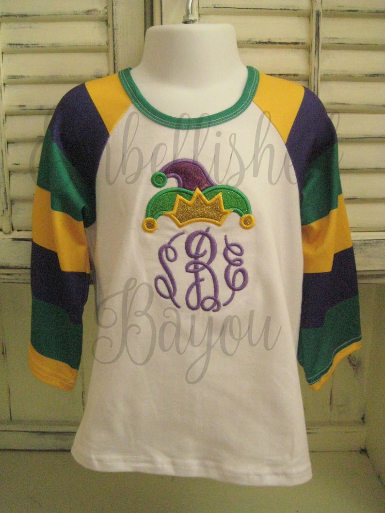 Mardi Gras Purple Green and Gold Stripe Raglan T-shirt with Monogram and Jester Hat Applique for Girls image 2