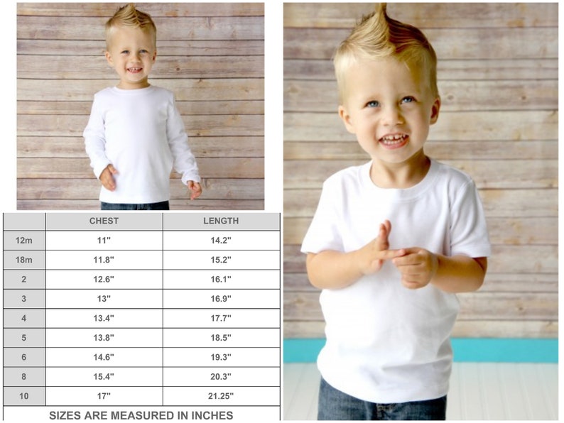 K&ouml;nnte beinhalten: Gr&ouml;&szlig;entabelle f&uuml;r ein wei&szlig;es Langarmshirt und ein wei&szlig;es Kurzarm-Shirt f&uuml;r Kinder. Die Tabelle zeigt Brust- und L&auml;ngenma&szlig;e in Zoll f&uuml;r Gr&ouml;&szlig;en von 12 Monaten bis 10 Jahren.
