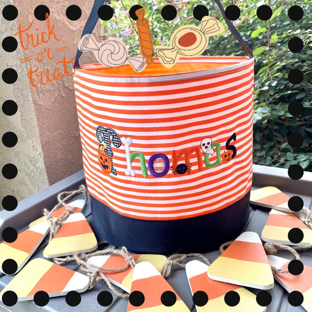 Trick or Treat Bag, Orange Stripe Halloween Bucket With Name ...