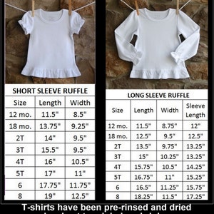 May include: Size chart for short and long sleeve ruffle shirts for babies and toddlers. The chart shows the size, length, width, and sleeve length in inches.