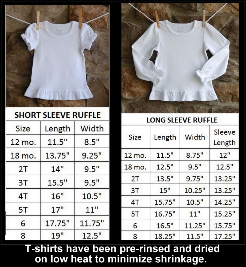 May include: Size chart for short and long sleeve ruffle shirts for babies and toddlers. The chart shows the size, length, width, and sleeve length in inches.