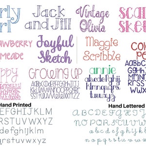 Puede incluir: Una imagen digital que muestra varias fuentes escritas a mano, incluyendo "Curly Girl", "Jack and Jill", "Vintage Olivia", "Scallop Sketch", "Strawberry Limeade", "Joyful Sketch", "Maggie Scribble", "Colored Pencil", "Poppy", "Growing Up", "Annie", y "Hand Printed" y "Hand Lettered" con el alfabeto en cada fuente.