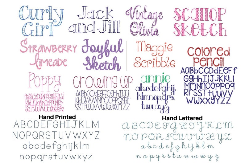 Puede incluir: Una imagen digital que muestra varias fuentes escritas a mano, incluyendo "Curly Girl", "Jack and Jill", "Vintage Olivia", "Scallop Sketch", "Strawberry Limeade", "Joyful Sketch", "Maggie Scribble", "Colored Pencil", "Poppy", "Growing Up", "Annie", y "Hand Printed" y "Hand Lettered" con el alfabeto en cada fuente.