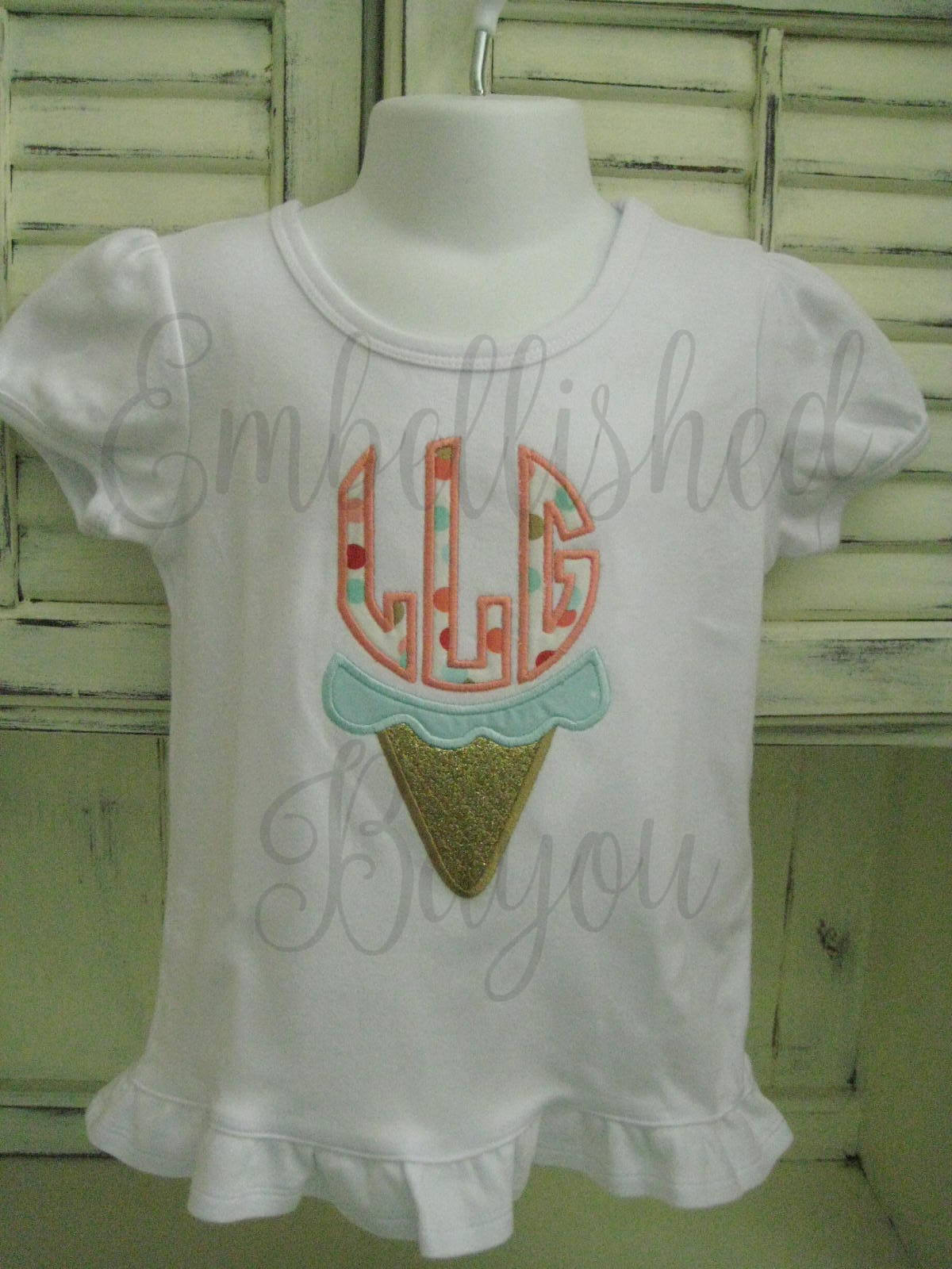 Applique Monogram Ice Cream Cone Ruffle T-shirt for Girls | Etsy