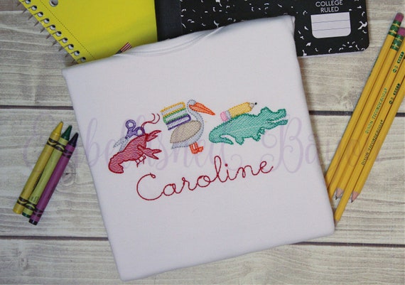 Cajun Swamp Animals Back To School T-shirt with Name Sketch Design Crawfish Alligator Pelican Shirt for Girls or Boys Personalized with Name