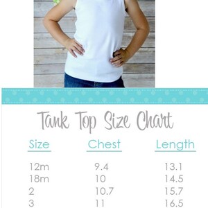 K&ouml;nnte beinhalten: Eine Tabelle mit Tanktop-Gr&ouml;&szlig;en f&uuml;r Kinder. Die Tabelle listet Gr&ouml;&szlig;en von 12 Monaten bis 10 Jahren mit den entsprechenden Brust- und L&auml;ngenma&szlig;en in Zoll auf.