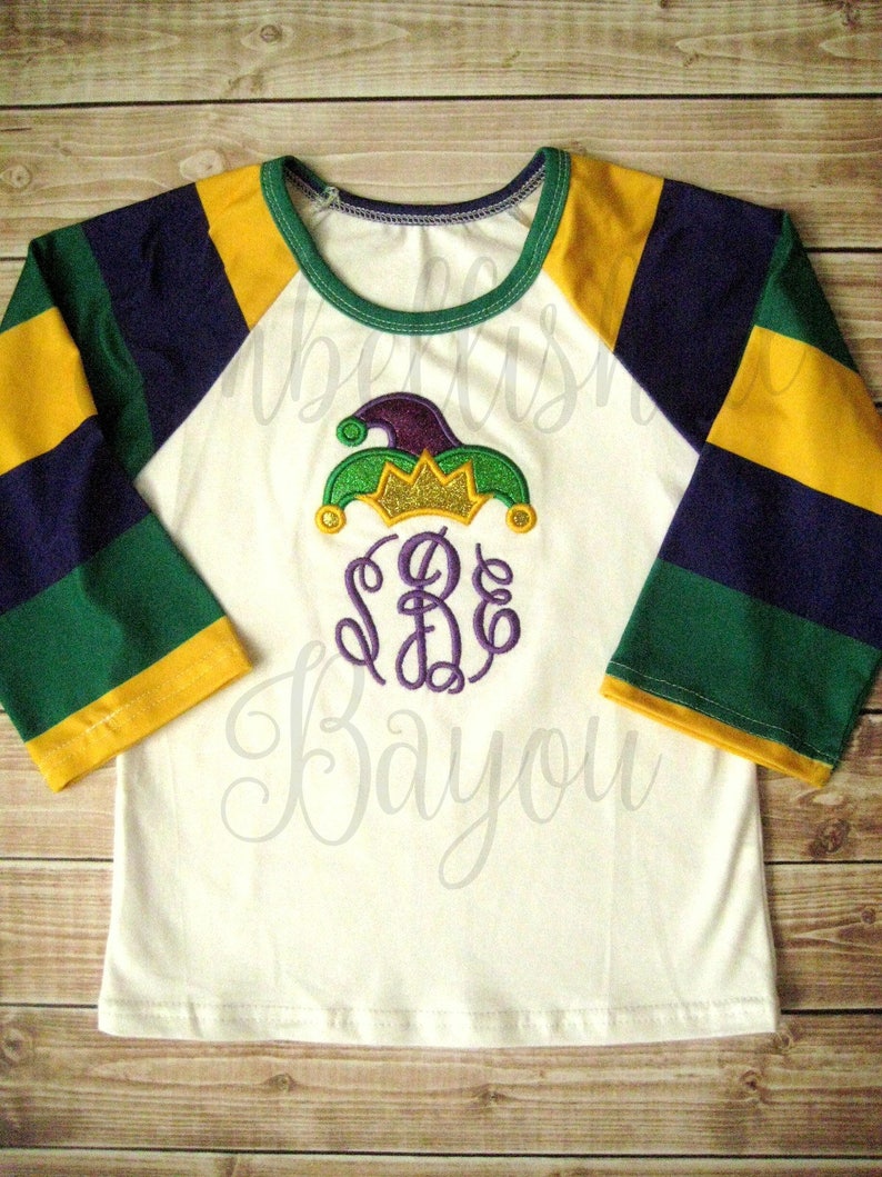 Mardi Gras Purple Green and Gold Stripe Raglan T-shirt with Monogram and Jester Hat Applique for Girls image 1