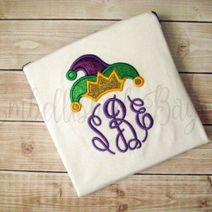 Mardi Gras Purple Green and Gold Stripe Raglan T-shirt with Monogram and Jester Hat Applique for Girls image 5