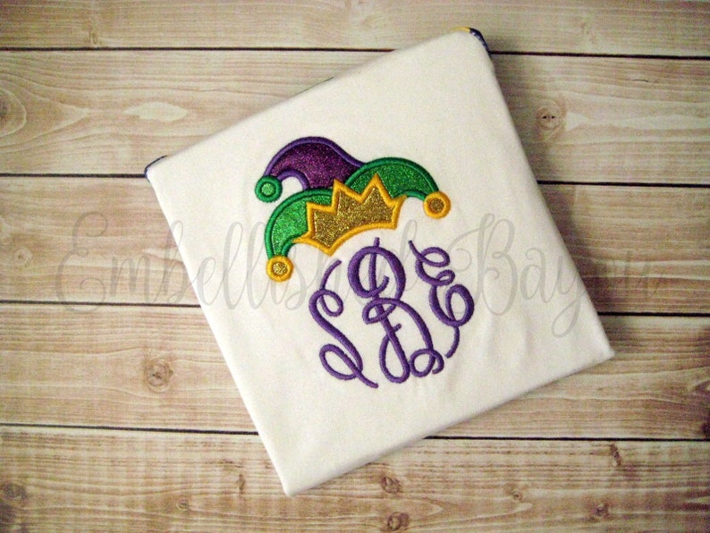 Mardi Gras Purple Green and Gold Stripe Raglan T-shirt with Monogram and Jester Hat Applique for Girls image 5