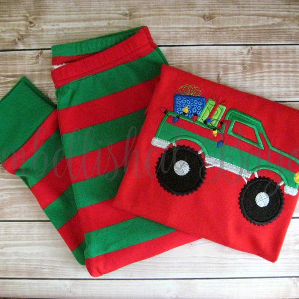 Personalized Appliqued Monster Truck Christmas Pajamas, Red & Green Stripe, Unisex for Boys or Girls