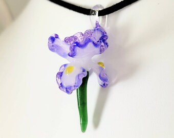 Purple and White Glass Iris Flower Pendant - Glass Art by Patrice