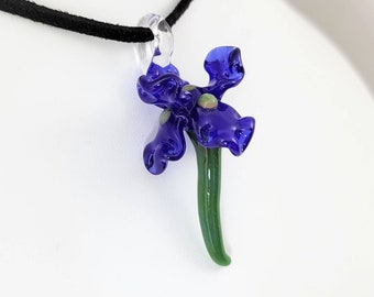 Blue Glass Iris Flower Pendant - Glass Art by Patrice