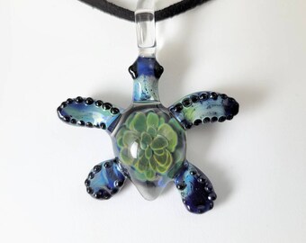 Blue and Green Sea Turtle Pendant - Glass by Patrice