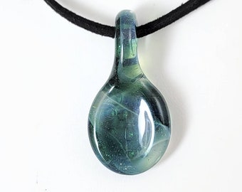 Blue Green Sparkly Textured Worry Stone Glass Pendant - Glass by Patrice