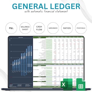 Plantilla de estados financieros automáticos: Libro mayor de contabilidad en Excel y Hojas de cálculo de Google (descarga digital)