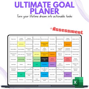 May include: A laptop screen shows a colourful goal planner titled "ULTIMATE GOAL PLANER." The planner is a grid with action items such as "Sleep score," "Review goals," and "Networking." The text "Turn your lifetime dream into actionable tasks" is above the grid.