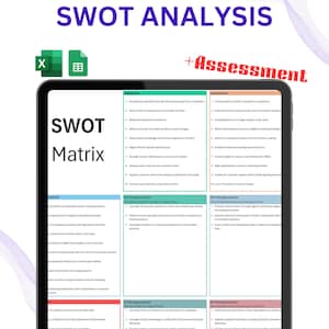 SWOT Analysis Strategic Planner with Assessment and Matrix: Excel and Google Sheets Template