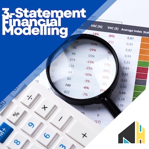 May include: A calculator, financial data, and a magnifying glass are visible. The text "3. Statement Financial Modelling" is in the upper left. The magnifying glass is over a document with numbers and percentages.
