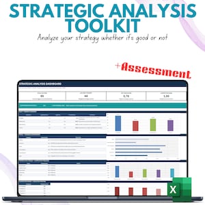 May include: A digital strategic analysis toolkit dashboard displayed on a laptop screen. The interface features tables, bar charts, and metrics labeled Strategic Analysis Dashboard, SWOT, PESTEL, and Porter's Five Forces with an Excel icon.